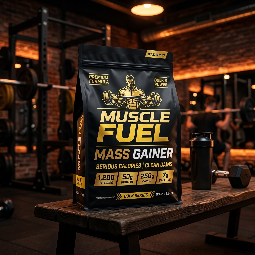 Grand sac noir de Mass Gainer dans une atmosphère de studio sombre