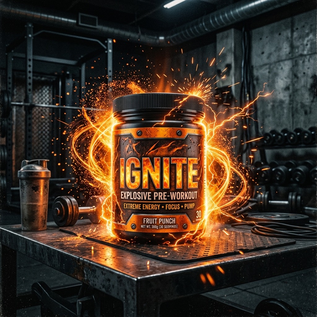 Pot de Pre-Workout avec effets visuels d'énergie orange