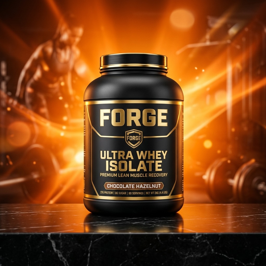 Boîte premium dorée de Whey Isolate posée sur une table en marbre noir