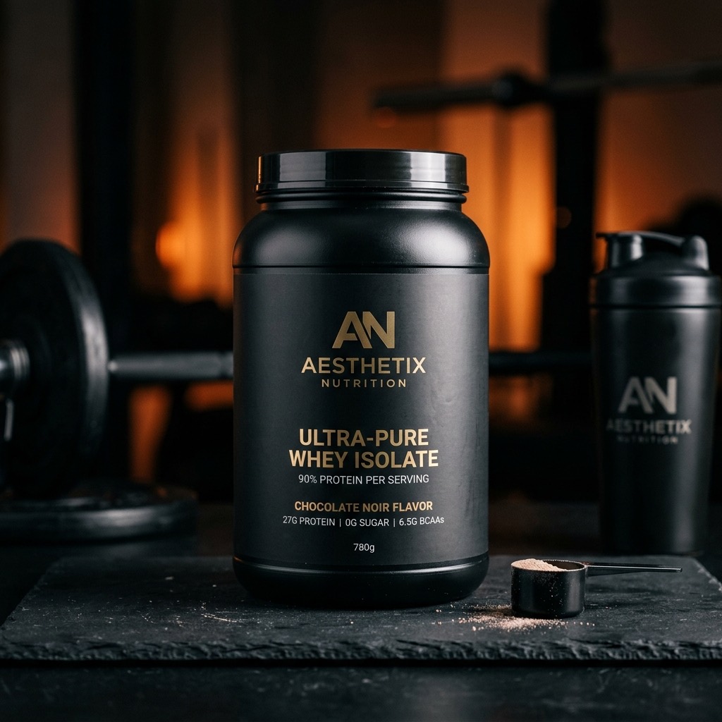 Boîte premium noire de Whey Protein sur une surface sombre avec éclairage orange